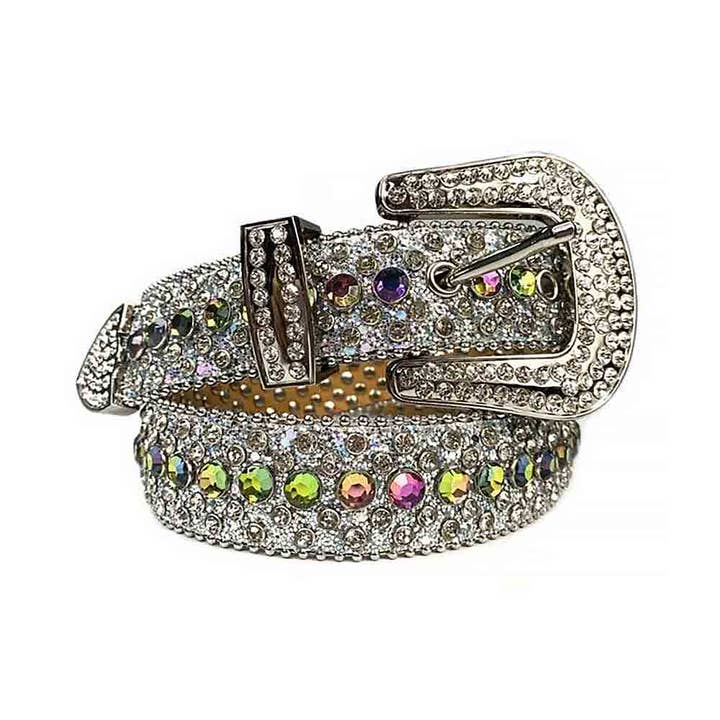 Bracelete prateado com cinto de strass multicolorido cravejado por atacado de Rhinestone Belt Store