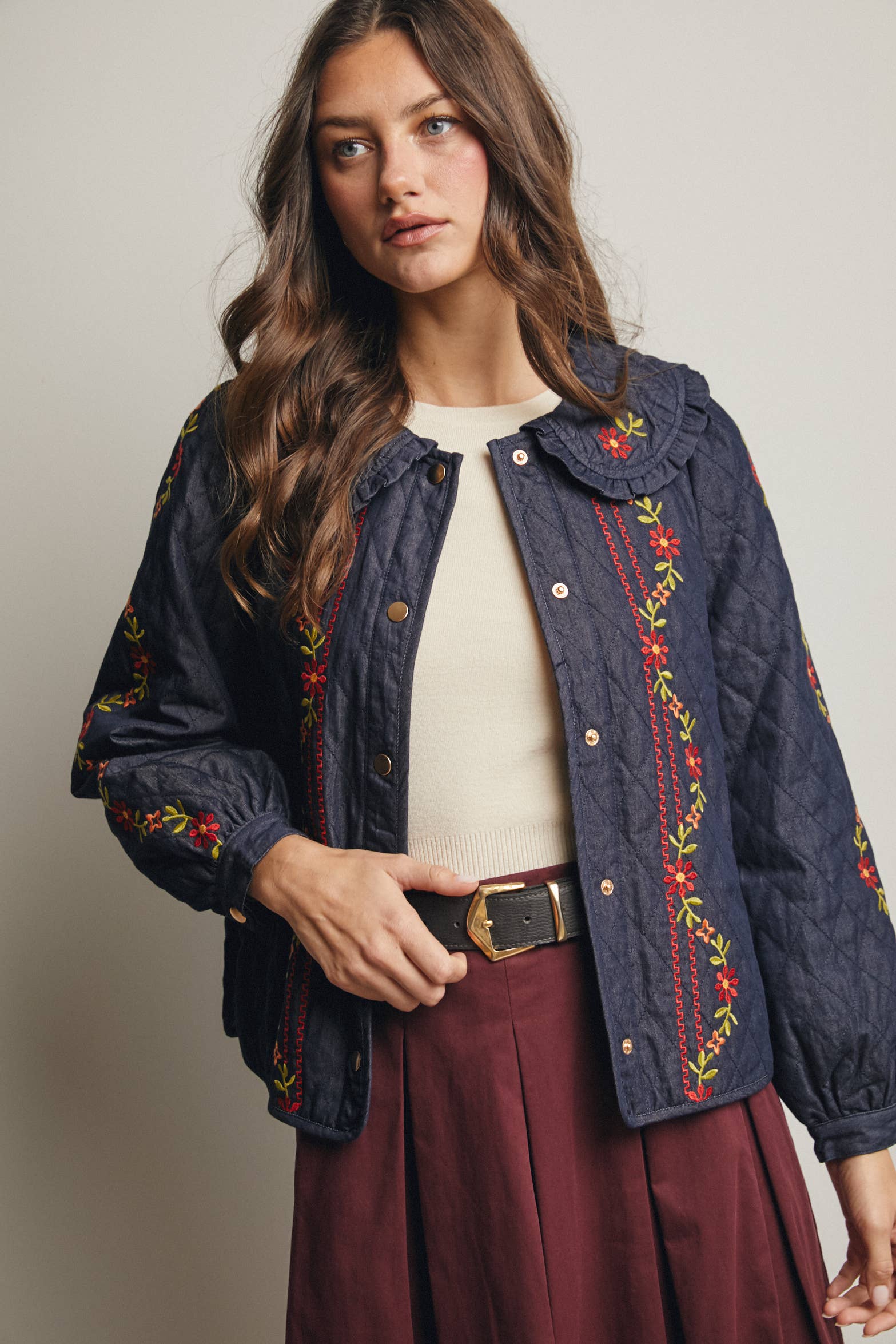 Midnight Indigo Embroidered Quilted Denim Jacket FJ0008 for wholesale on Faire2