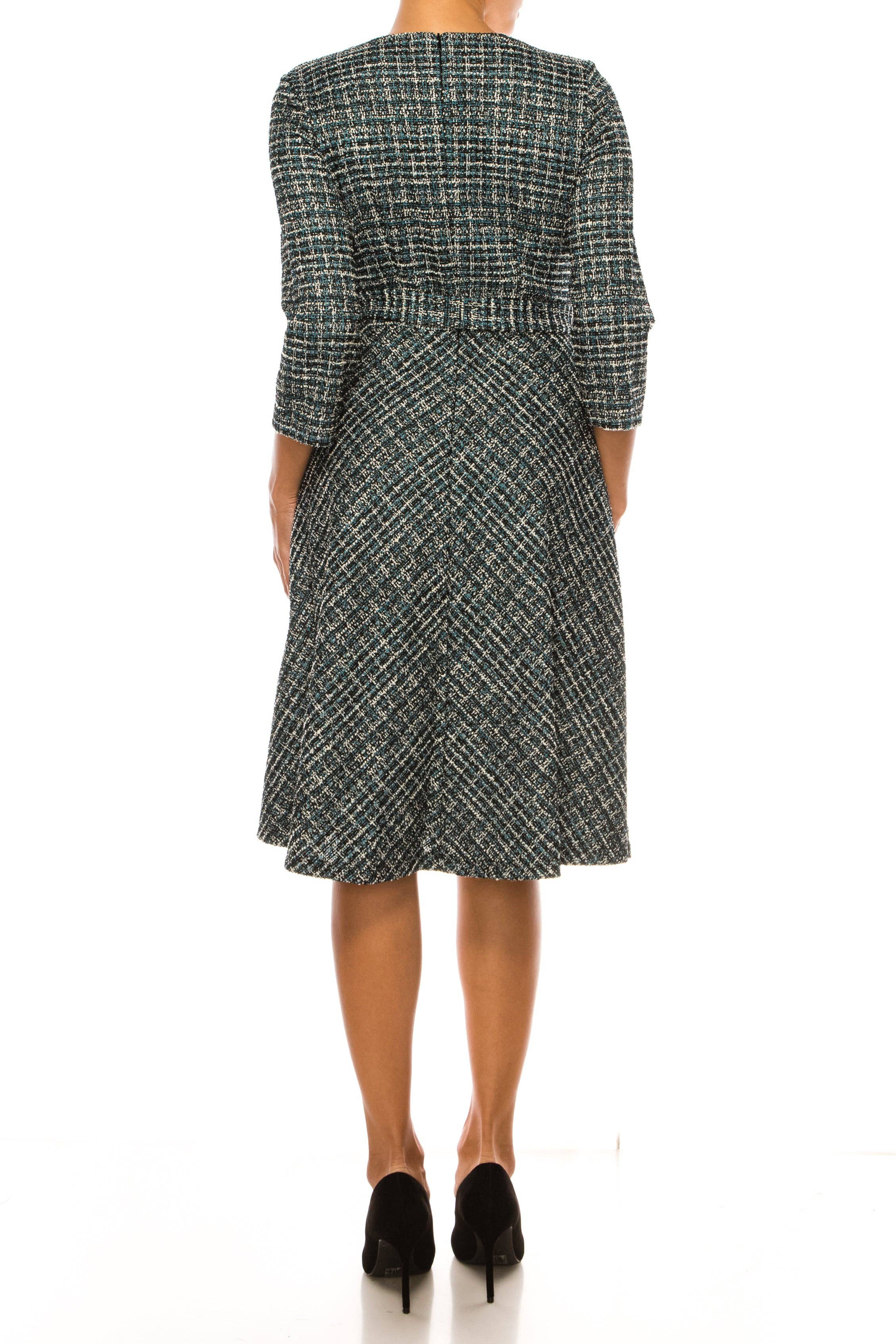 BLK WHT TURQ Shelby & Palmer Tweed Belted V-Neck A-line Dress for wholesale on Faire1