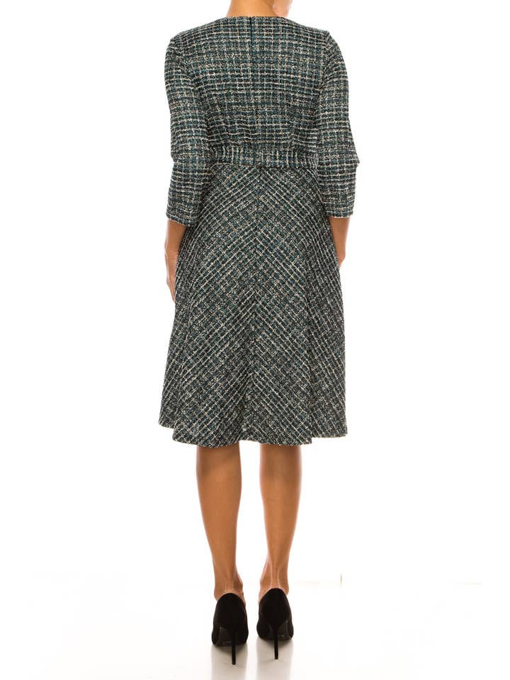 BLK WHT TURQ Shelby & Palmer Tweed Belted V-Neck A-line Dress for wholesale on Faire1
