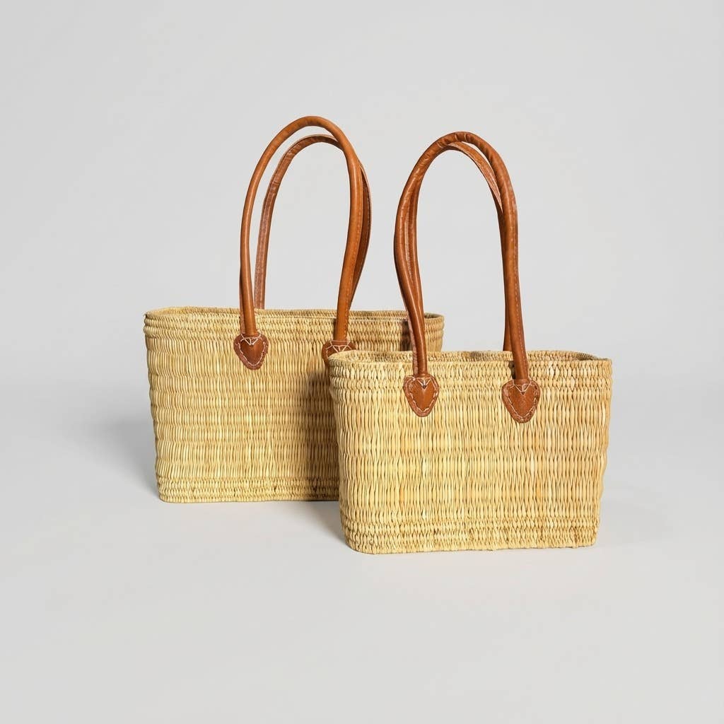 Melecraft - Wholesale Basket - Reed Market Basket Leather Handles - Natural Woven Tote Bag17