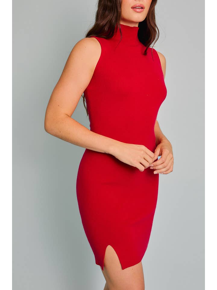 LE LIS - Wholesale Dress - Women's - MOCK NECK SLEEVELESS SLIT KNIT DRESS