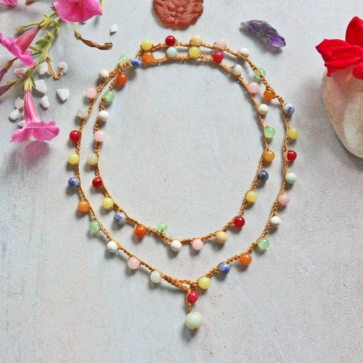 Multi-Gem Stone Round Bead Crochet Long Layering Necklace for wholesale by IST Jewelry