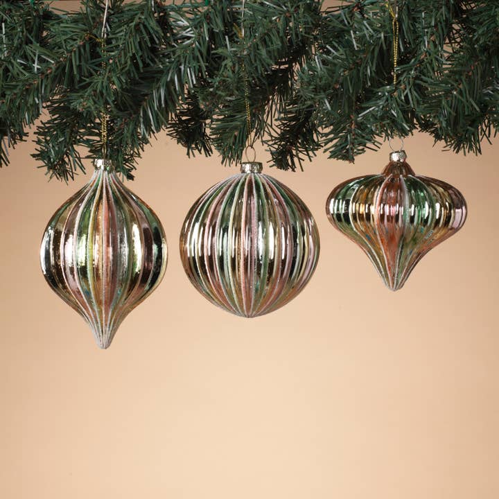 Promo 4.5"H 100MM Iridescent Glass Ball, Finial & Onion Orna for wholesale by The Gerson Companies