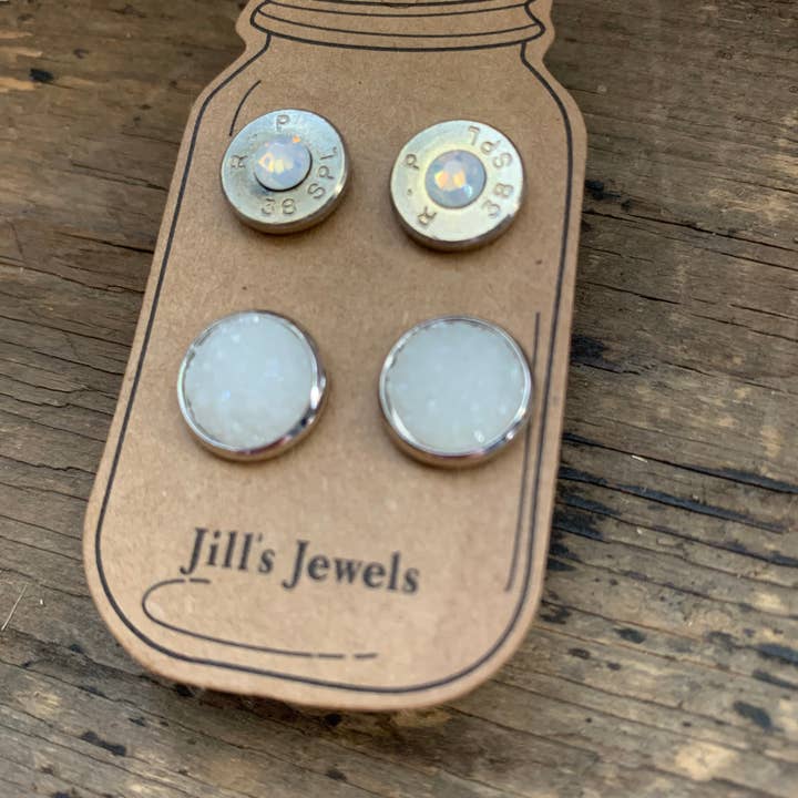 White Druzy 38 Special Bullet Earring Set for wholesale by Jill's Jewels