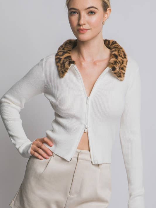 Leopardpälskrage Dubbelblixtlås Kofta för wholesale av MintChoco