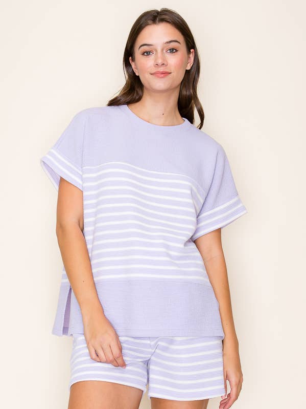 CLOUDY KNIT SOLID/STRIPE MIX ROUND NECK S/S TOP for wholesale by Tres Bien, Inc