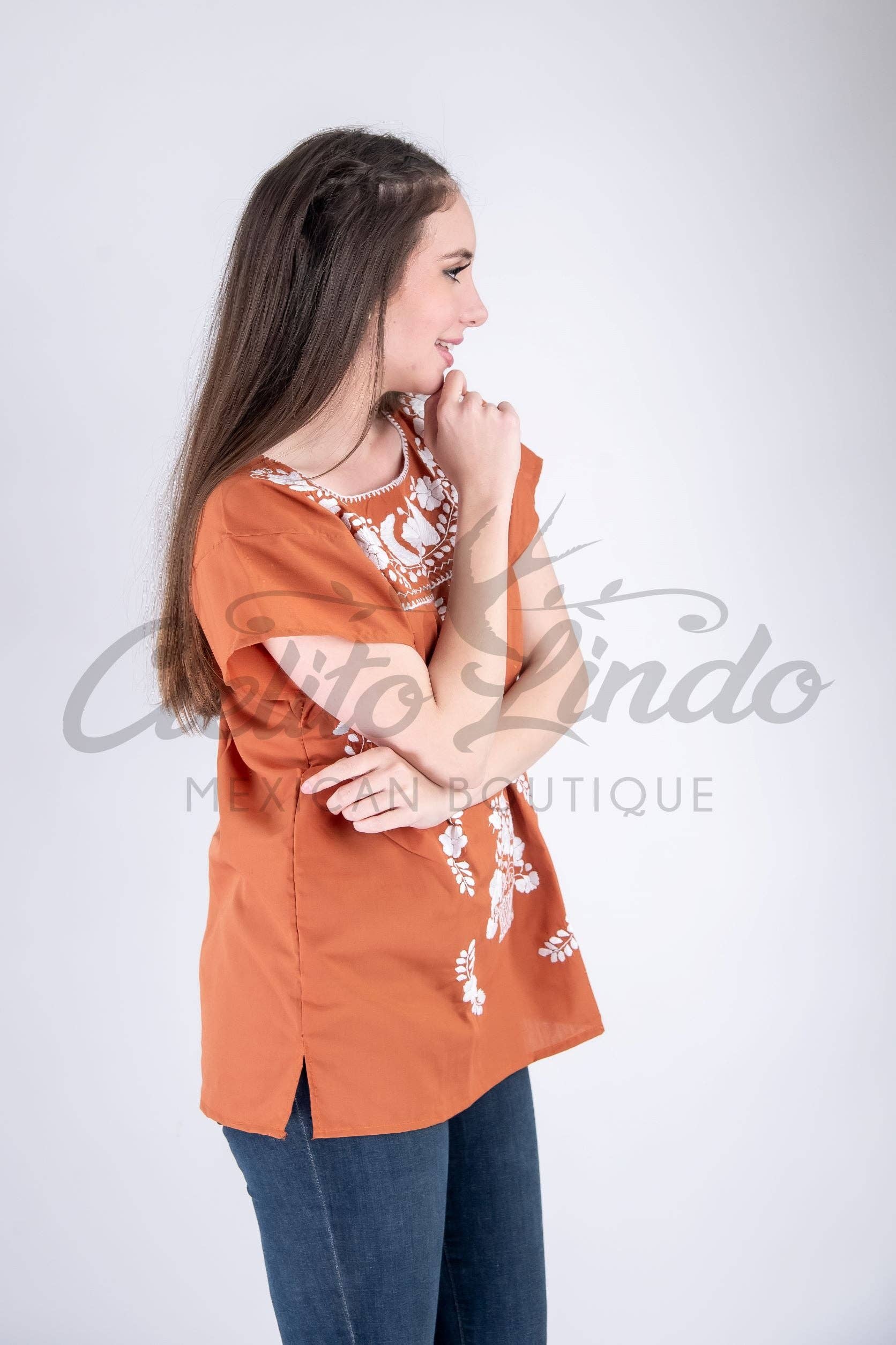 Burnt Orange Mexican Blouse Full Embroidered Texas Longhorns for wholesale on Faire5