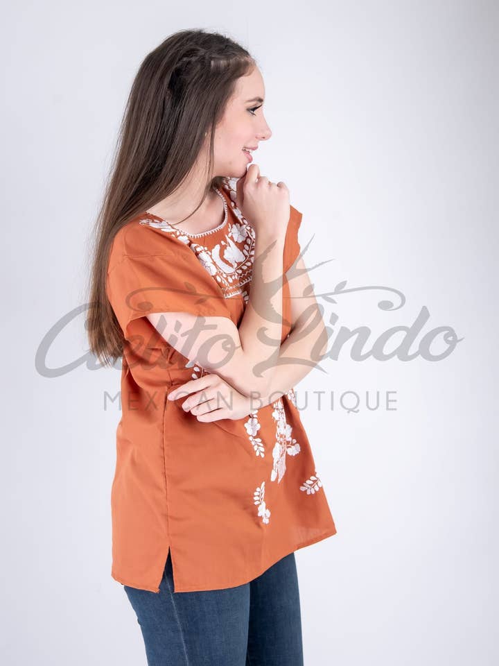 Burnt Orange Mexican Blouse Full Embroidered Texas Longhorns for wholesale on Faire5
