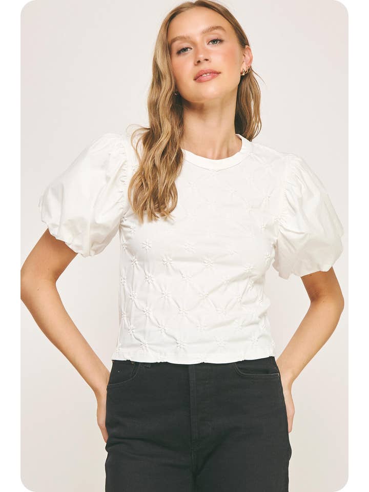 Strut & Bolt - Wholesale Blouse - Women's - Flower Embossed Puff Sleeve Tee Top17
