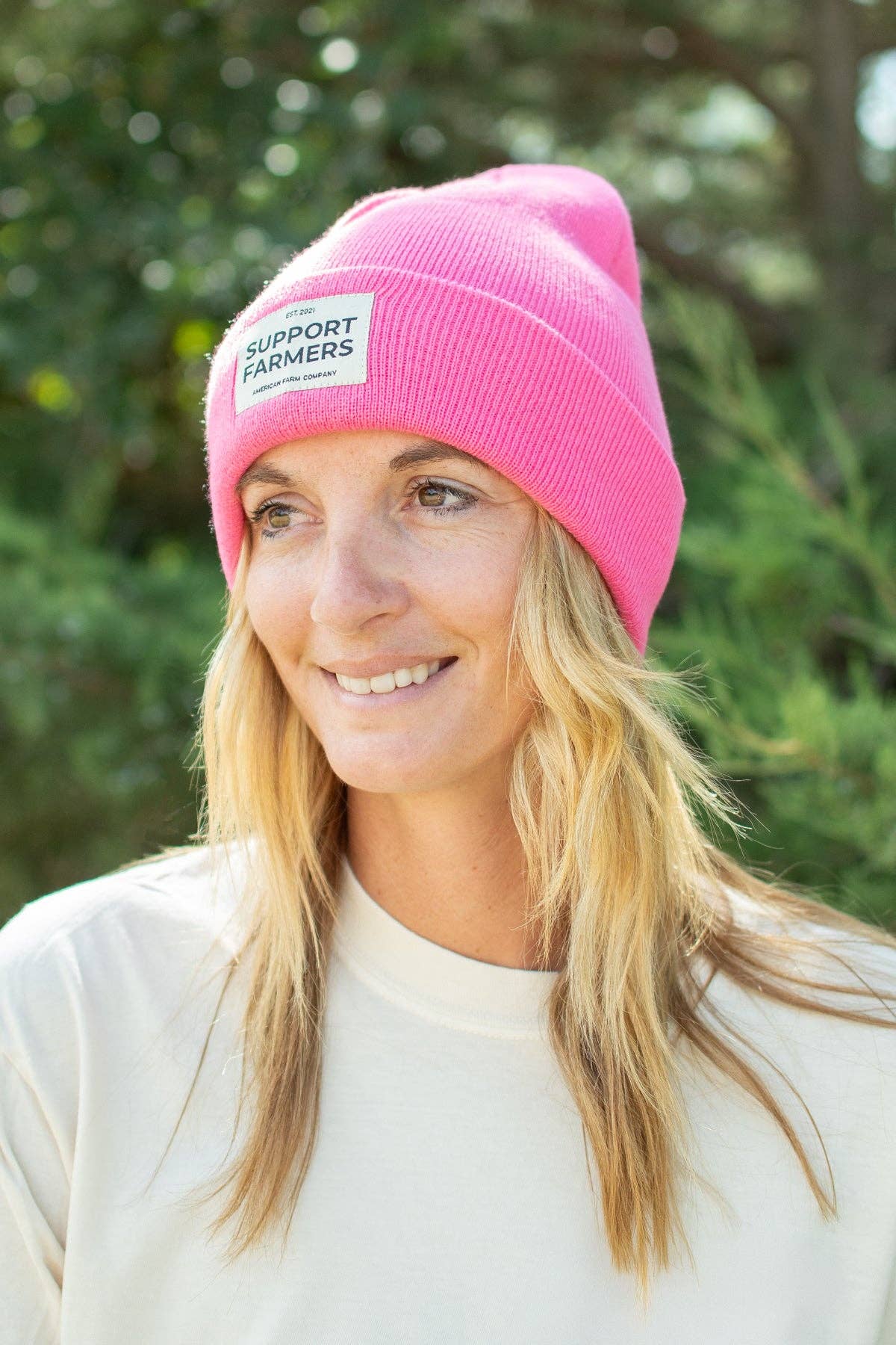 Hot Pink ‘Support Farmers’ Beanie for wholesale on Faire2