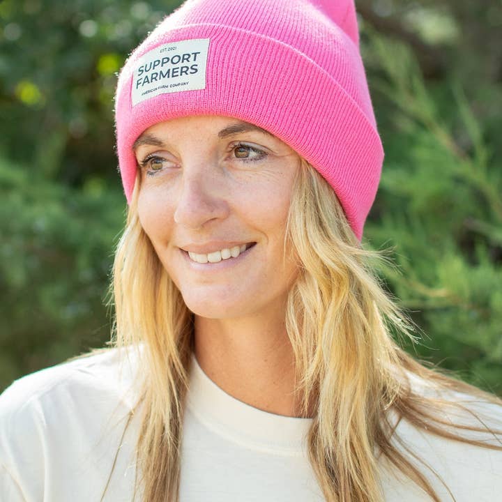 Hot Pink ‘Support Farmers’ Beanie for wholesale on Faire2