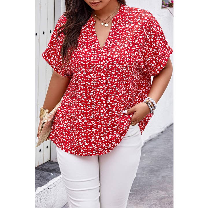 Plus Floral Print V Neck Short Sleeve Loose Blouse for wholesale by Supreme Fashion