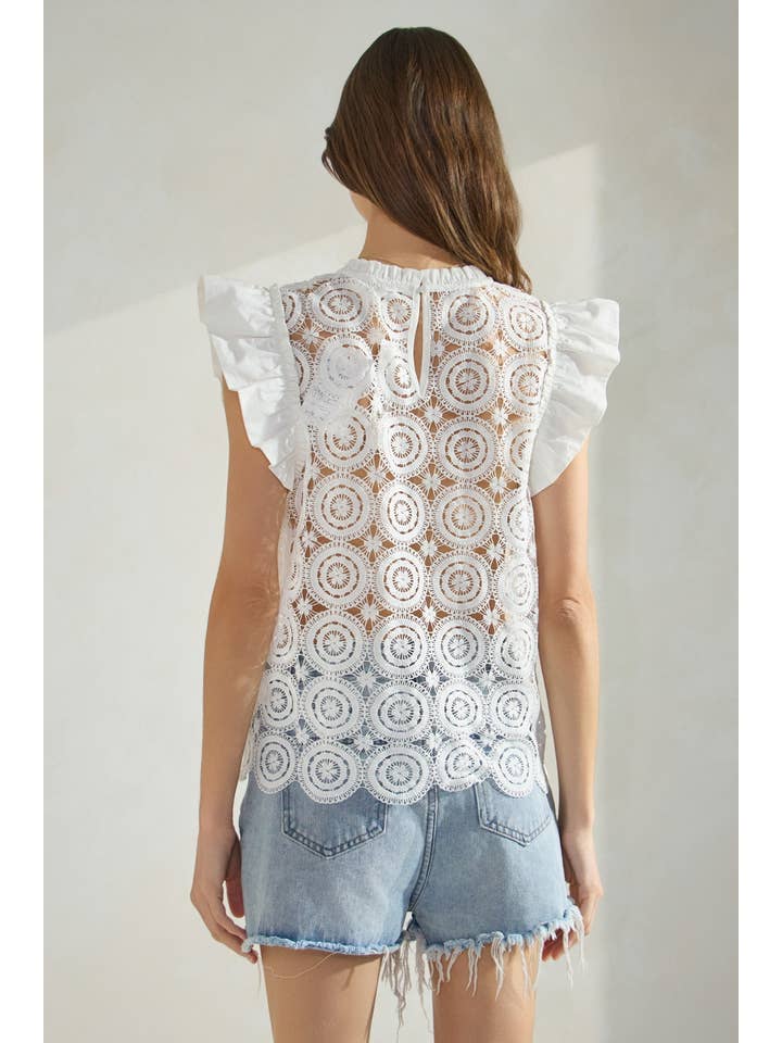 Oddi - Wholesale Blouse - Women's - Plus Crochet Lace Flutter Short Sleeve Top