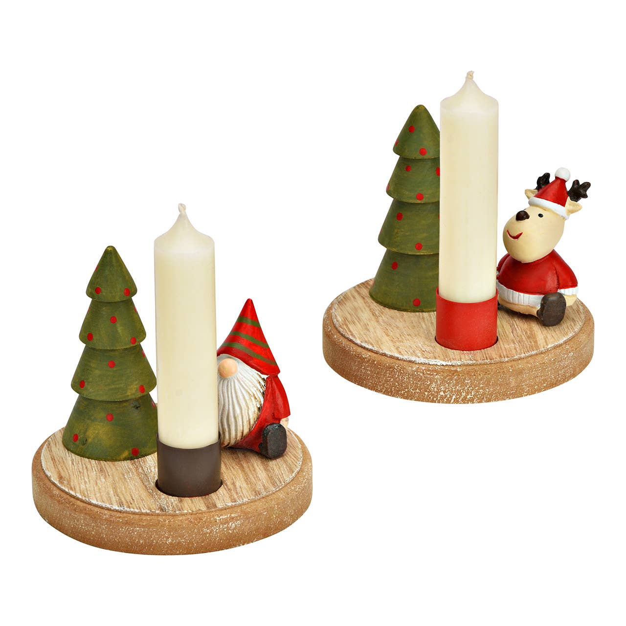 Wurm – Großhandel Kerzenhalter – Kerzenhalter Tannenbaum, Nikolaus/Elch Dekor aus Holz/Metall, 2-fach, Rot (B/H/T) 10x10x9cm1