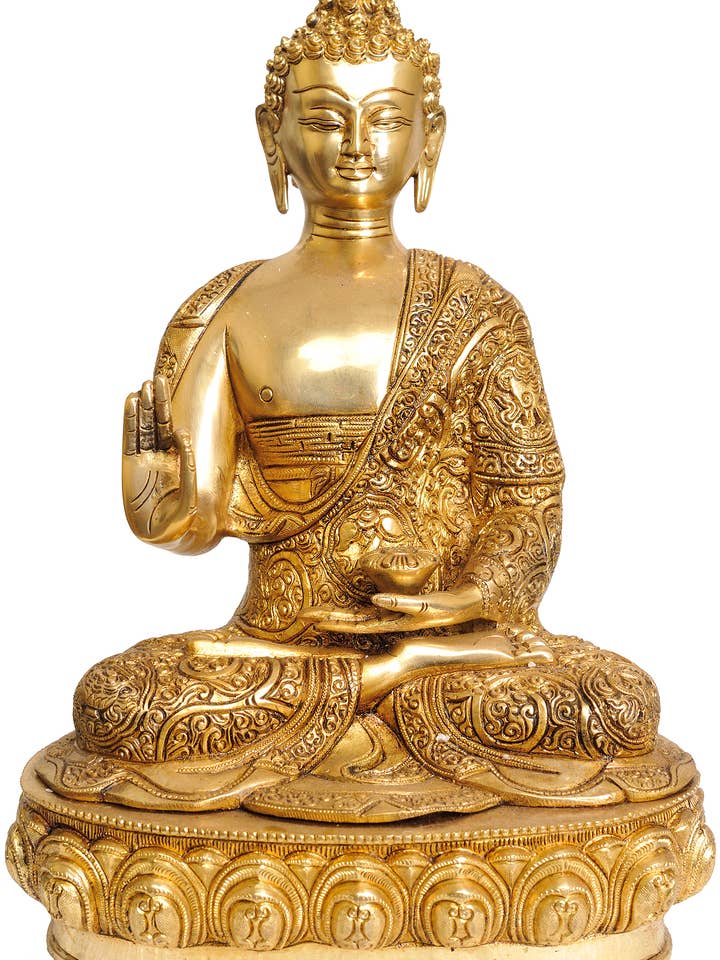 Bouddha bénissant une divinité bouddhiste de 14 pouces en laiton | Statue faite à la main pour la vente par Exotic India Art
