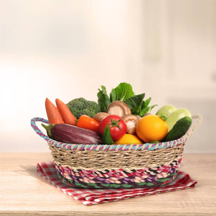 Young's - Wholesale Basket - Woven Kantha Oval Basket With Handles (SKU#: 13576)