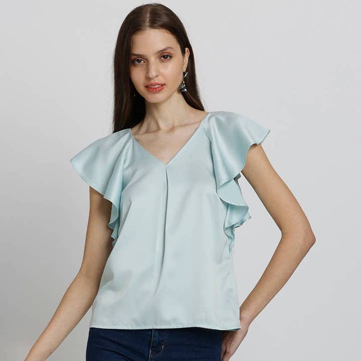 Blauwe blouse met V-hals en korte uitlopende mouwen voor wholesale door Benares