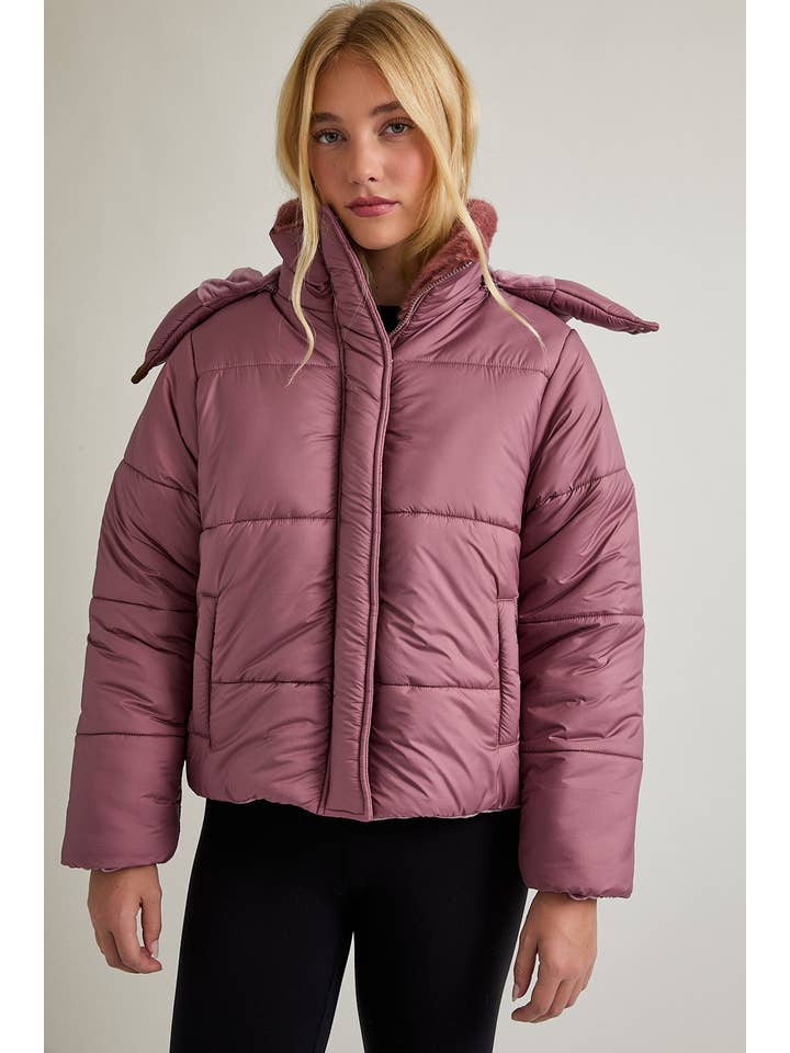 MAUVE PUFFER JACKET WITH ATTACHABLE HOODIE for wholesale on Faire2