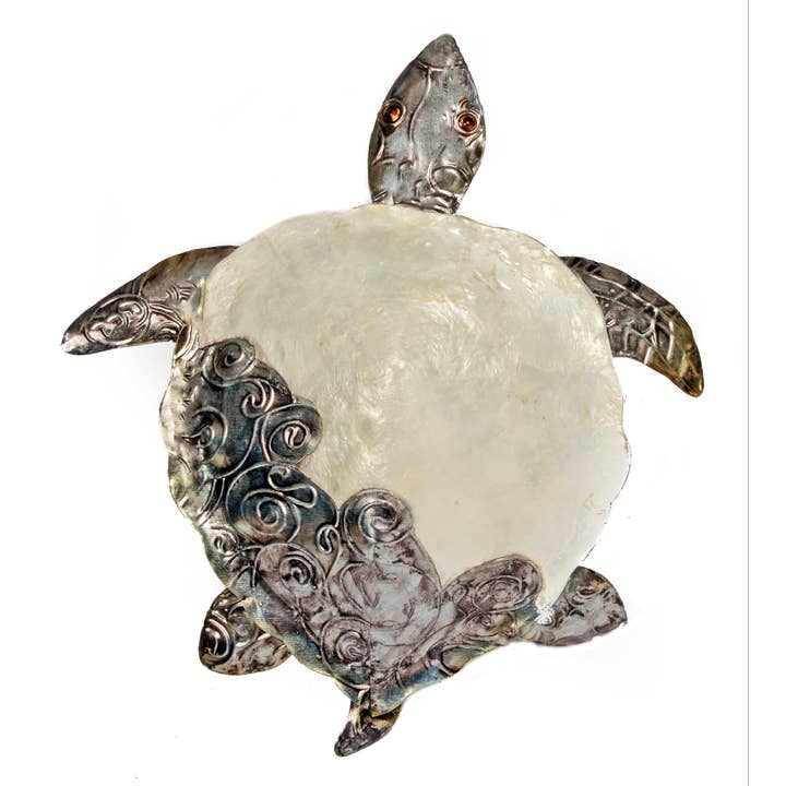 Bamboo Source Tropical Decor - Wholesale Dimensionele/3D-muurkunst - White Capiz Shell & Metal Sea Turtle Wall Art