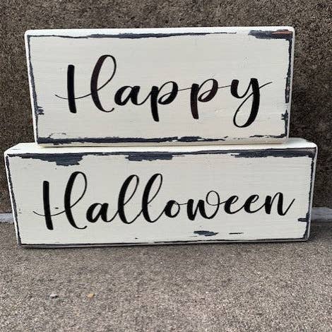 Happy Halloween Stacked Sign Decor Rustic Tabletop Fall Decoration for wholesale by Heartfelt Giver LLC