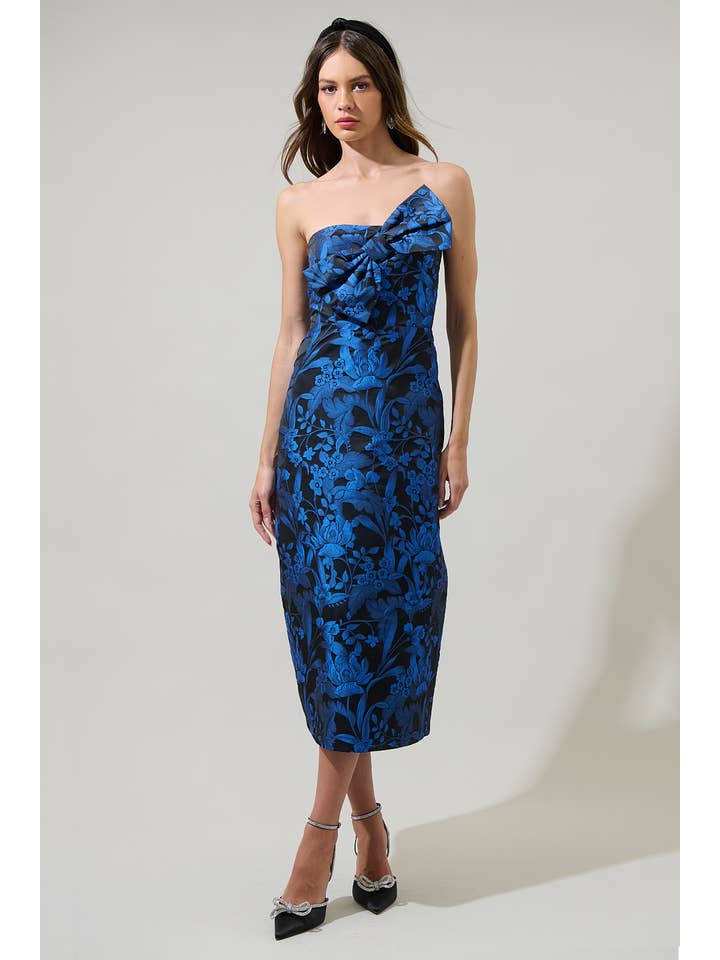 Noir cobalt Robe midi sans bretelles à nœud Lola en jacquard fleuri Vernonia en vente sur Faire