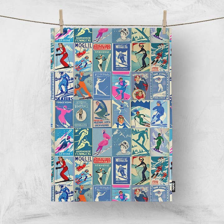 Sofs Designs - Wholesale Tea Towel - Tea Towels in Vintage women Skier Art, with 2 color theme