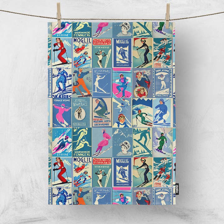 Tea Towels in Vintage women Skier Art, with 2 color theme for wholesale by Sofs Designs