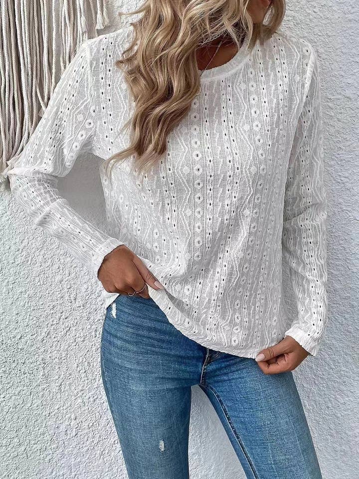 Masyal - Wholesale T-shirt – women's - Women's Round Neck Lace Hollow-Out Casual T-Shirt3