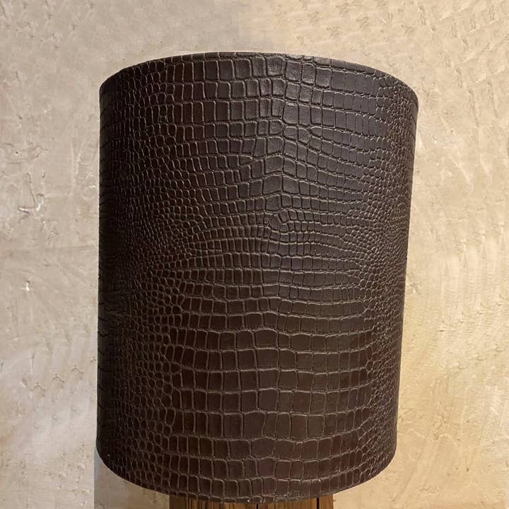 Round lampshade in metal and brown faux leather for wholesale by LES SCULPTEURS DU LAC