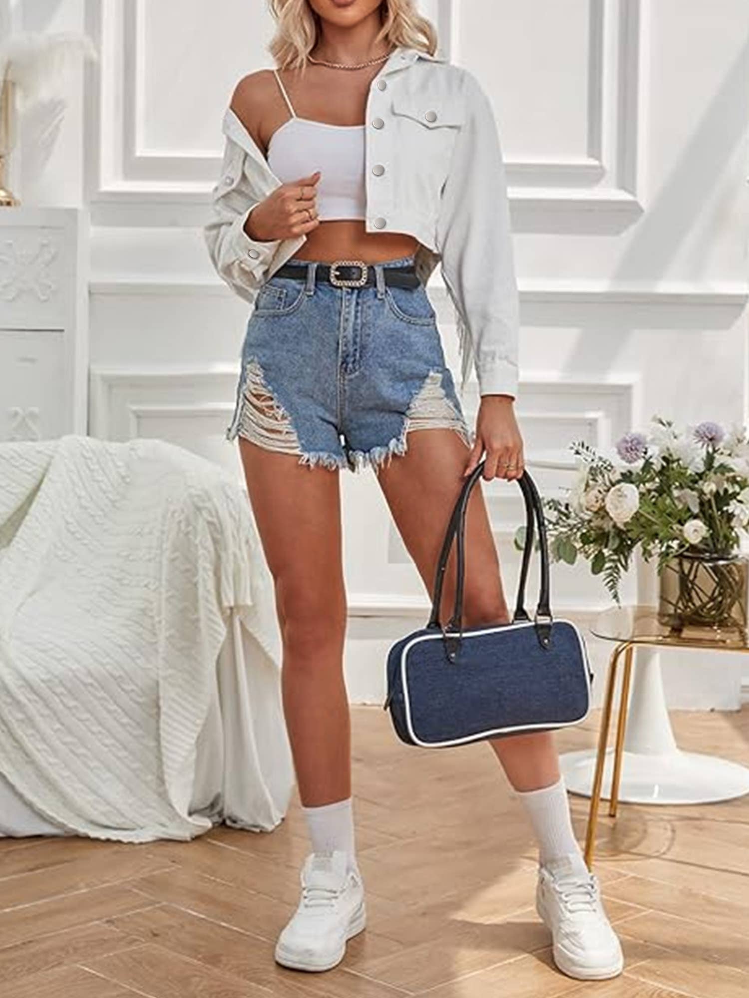 Women's White Fringe Cropped Denim Jacket for wholesale on Faire3