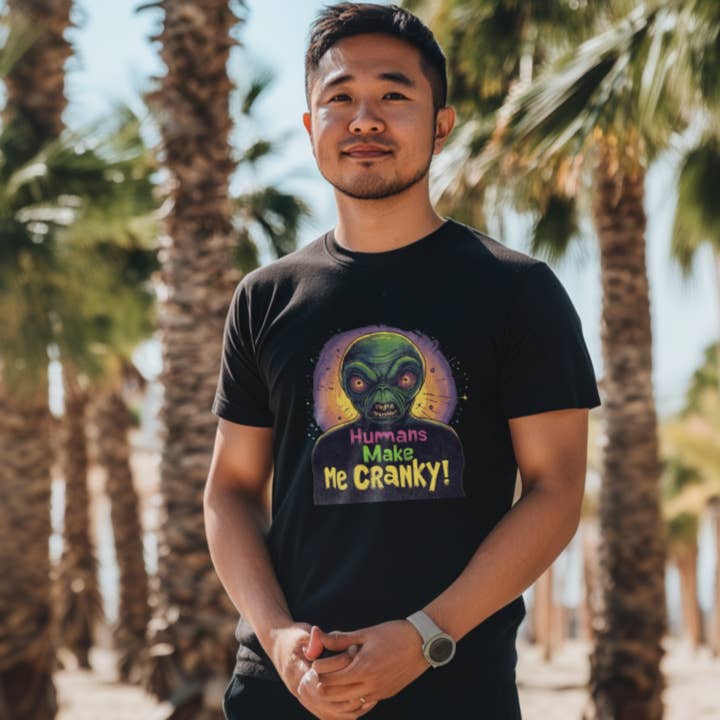 Alien UFO Superstore - Wholesale Screen Printed T-Shirt - Unisex - Humans Make Me Cranky Alien Tee, Funny Alien T-Shirt