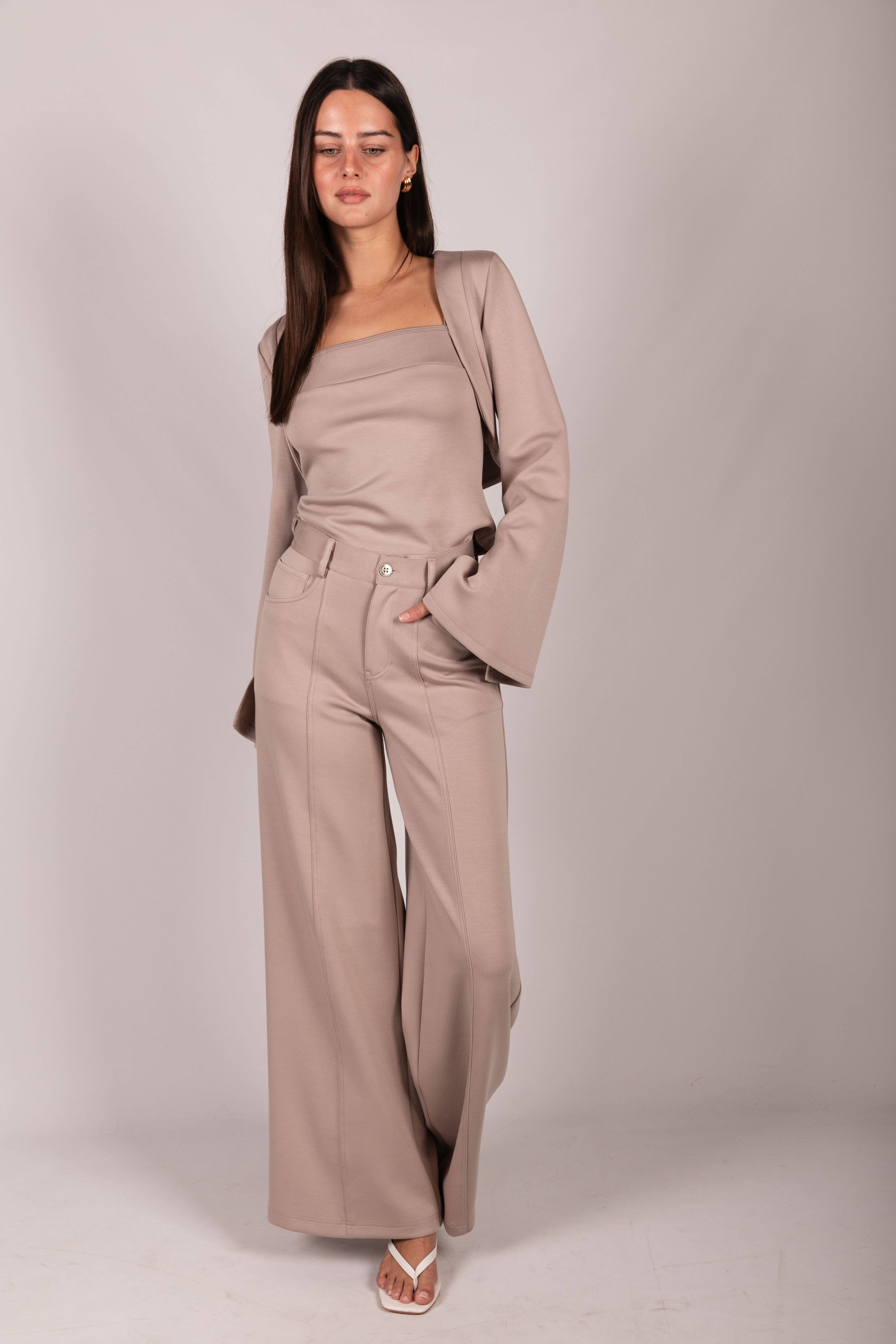 Taupe P. CILL Butter Modal Pleated Wide Leg Trousers for wholesale on Faire1