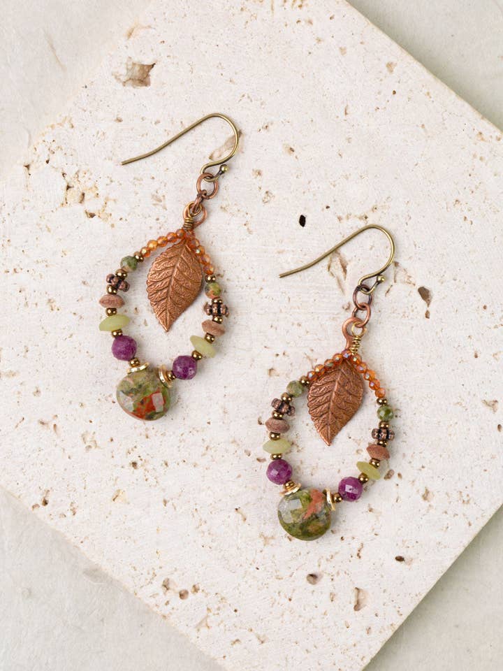 Dominion Unakite, Afghan Jade, Ruby With Antique Copper Leaf Statement Earrings for wholesale by Anne Vaughan Designs Jewelry