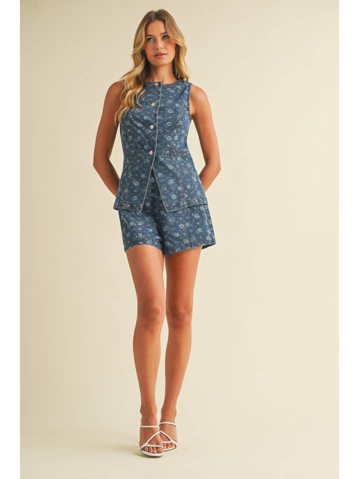 Klesis - Wholesale Top & Short Set (NOT Loungewear) - Women's - IST5874-C FLORAL PRINT BUTTON DOWN DENIM VEST AND SHORTS SET17