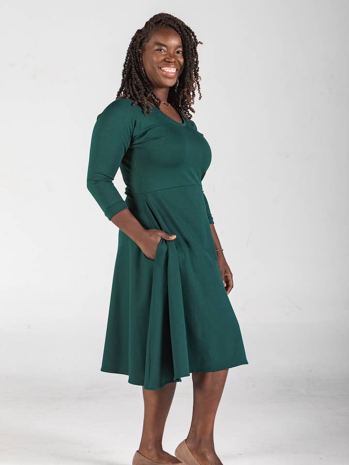 Knieriem Designs - Wholesale Dress - Women's - Long Raglan Sleeve Ponte Dress with Pockets and Full Skirt5