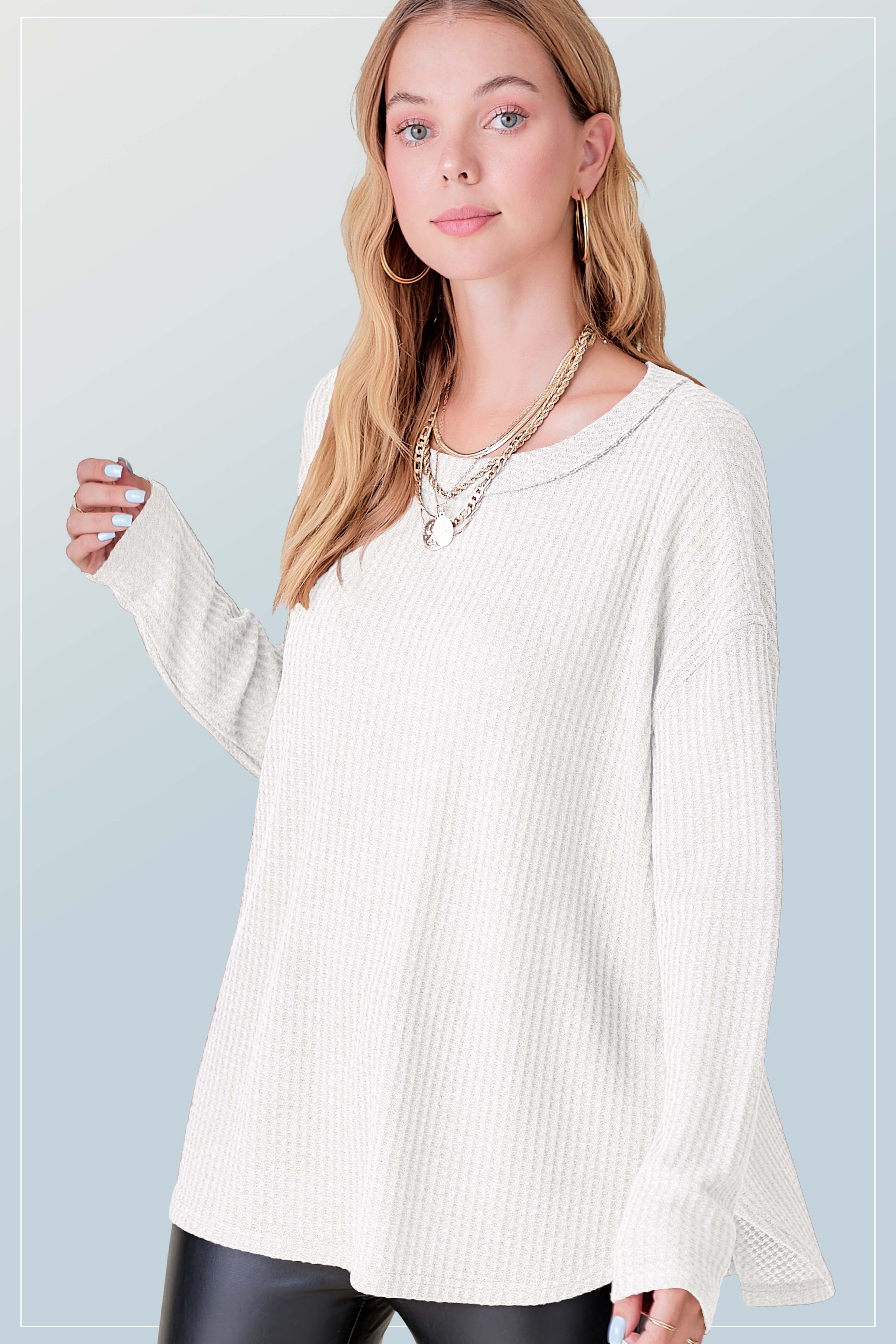 La Miel - Wholesale Tunic - Women's - HAT7566-Brushed Waffle Fabric Loose Fit Long Sleeve Top11
