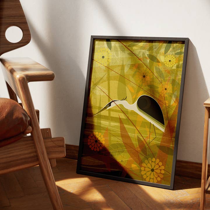 Mr Watson Design - Vente Affiche d'art - Héron chassant près du lac - Impression rétro2