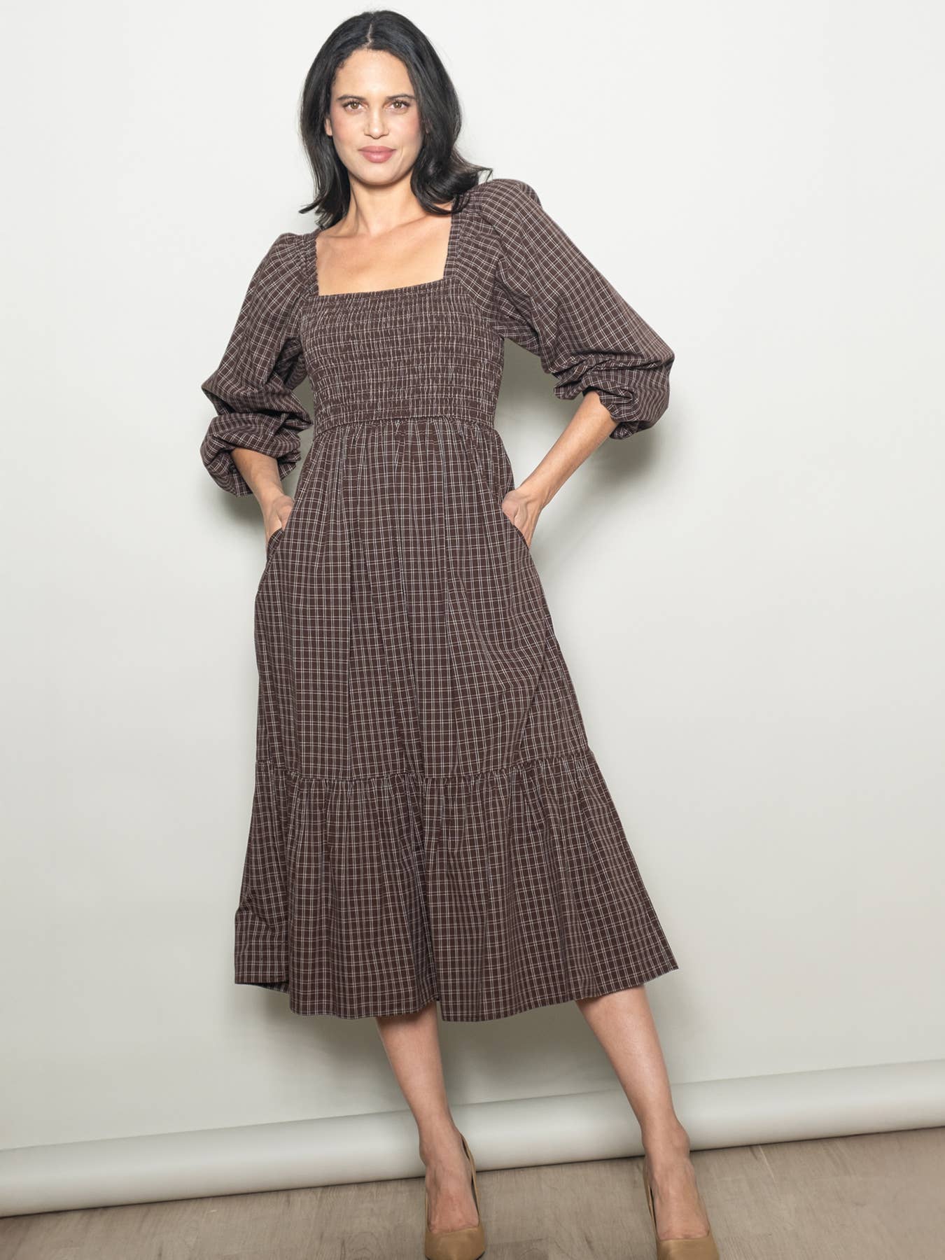 Elloh Collection - Wholesale Dress - Women's - Square Neck Checkered Plaid Smocked Chest Cotton Maxi Dress8