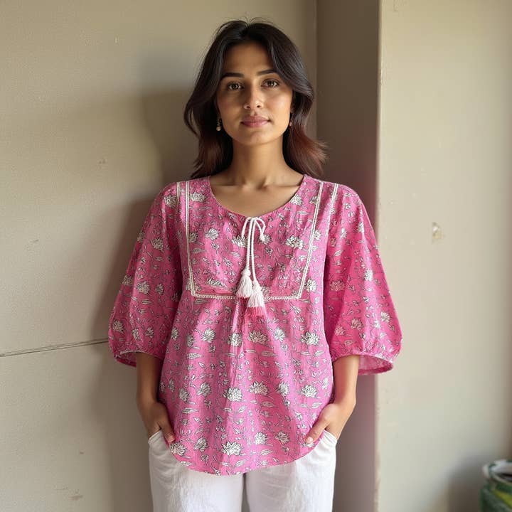 The Indian Bazaar - Wholesale Tunic - Women's - Women's Tunic - Pink and White Floral Print, Tie Strings