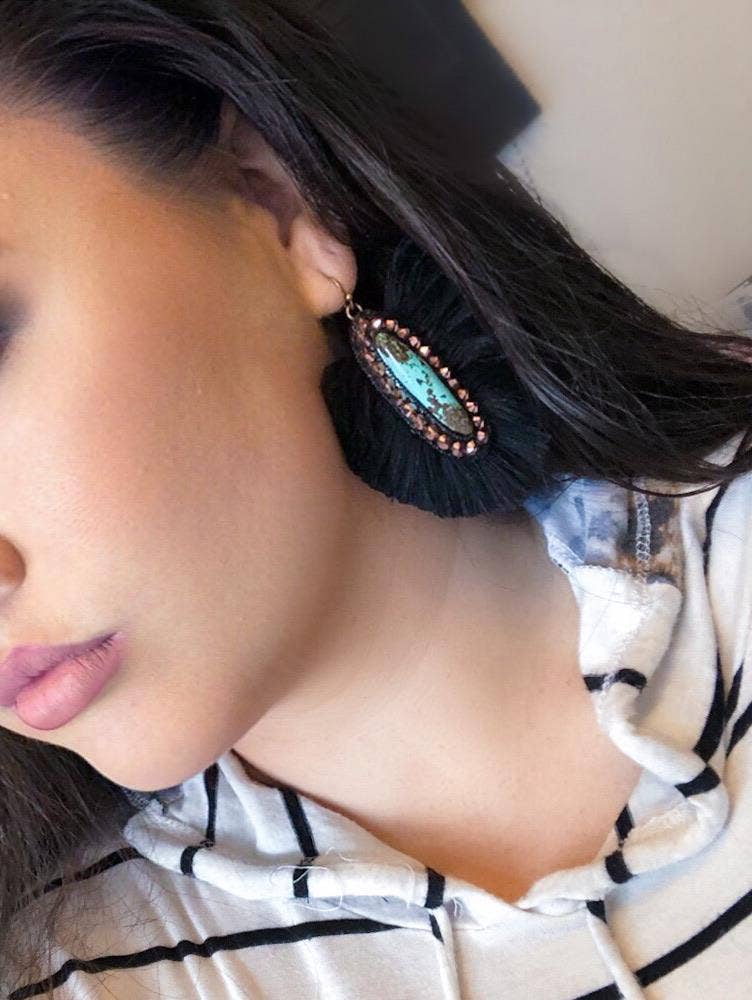 Nomadic Brunette - Wholesale Dangle Earrings - The Casper Earrings- Turquoise Stone With Black Fringe2