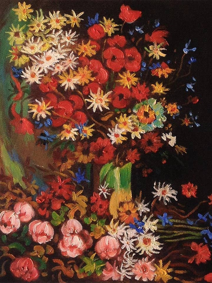 Vase avec coquelicots, bleuets, pivoines et chrysanthèmes pour la vente par La Pastiche