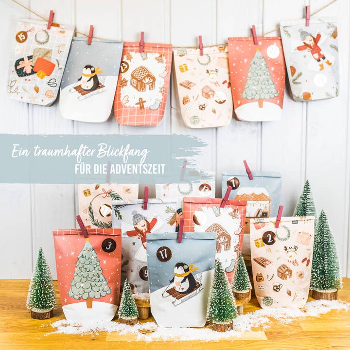 Papierdrachen – Großhandel Adventskalender – Adventskalender mit bedruckten Tüten - Eisblau