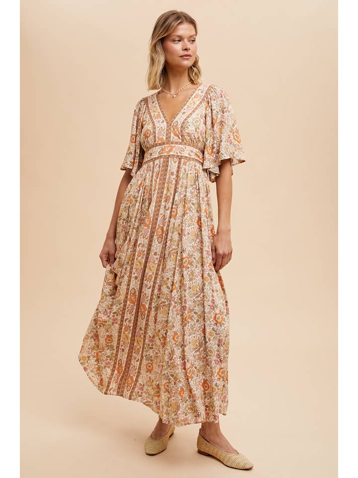 In Loom - Wholesale Dress - Women's - BORDER PRINT FLUTTER SLEEVE MAXI