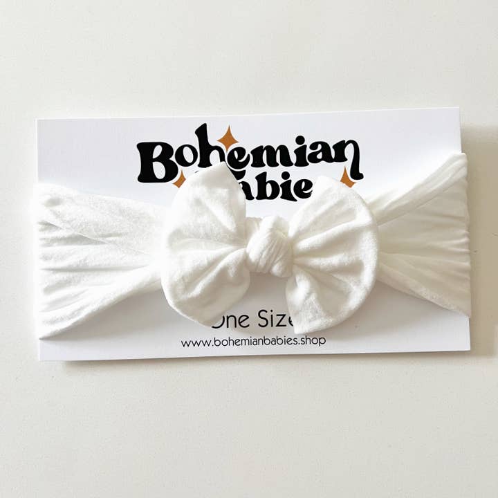 Nylon Baby Bow | White | One Size Fits All for wholesale by Bohemian Babies