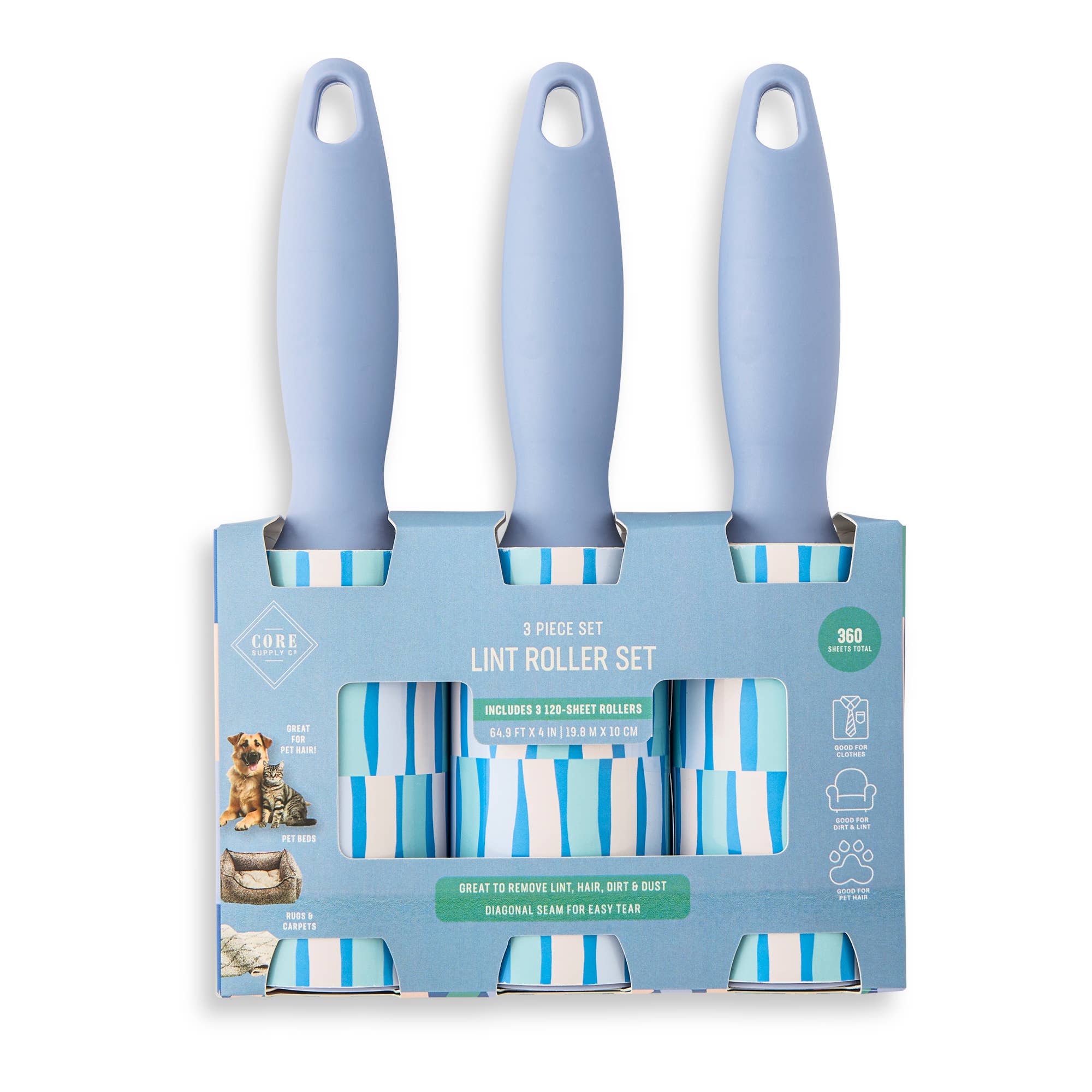 Core Home - Wholesale Lint Roller - 3pk Printed 360 Sheet Lint Roller Set - Abstract Stripe0