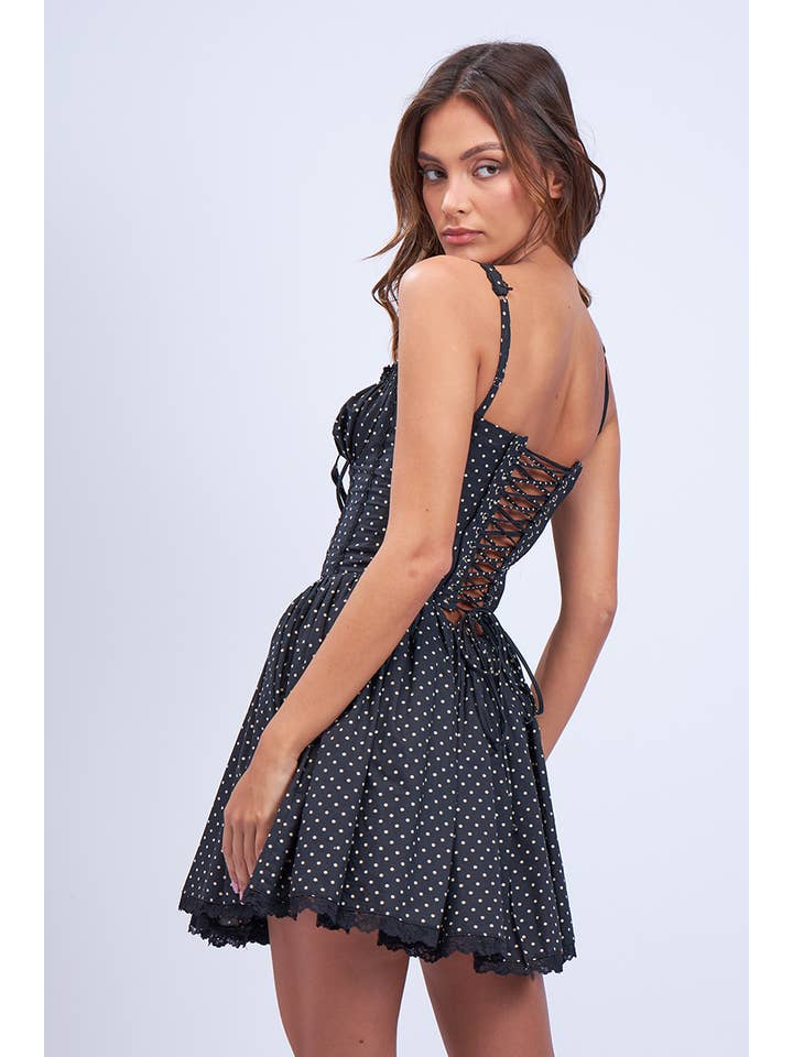 Bydo dots Black -POLKA DOT SWEETHEART OPEN NECK CORSET MINI DRESS for wholesale on Faire