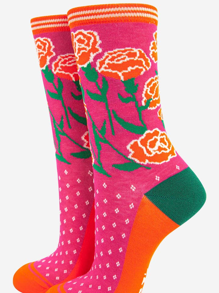 Women's Carnation Floral Print Bamboo Socks for wholesale by Sock Talk