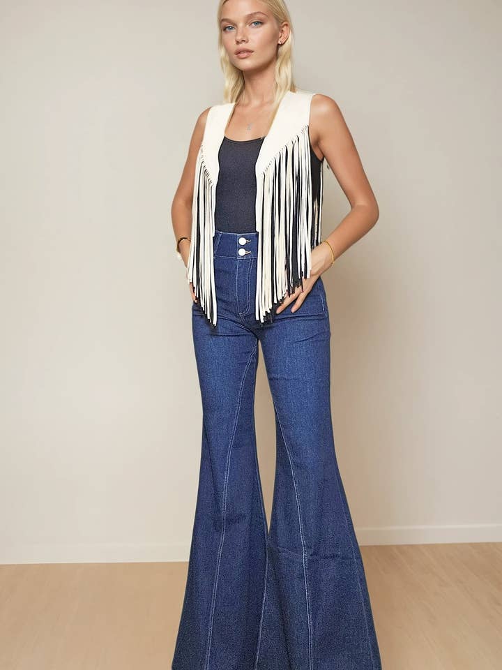 WESTERN 2TONE FRINGED FAUX SUEDETTE VEST 6408JIA for wholesale by WISTERIA LANE