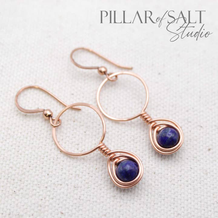 Copper and Lapis Lazuli Gemstone Wire Wrapped Earrings for wholesale by Pillar of Salt Studio